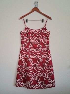 Ann Taylor Red and White Scroll-Print Spaghetti Strap Mini Dress